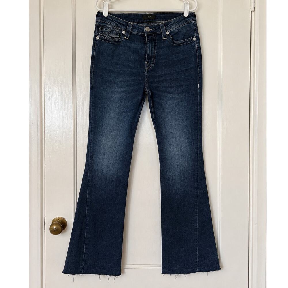 True Religion Joey Mid Rise Flare Jeans Women’s 32 Dark Wash Raw Hem Stretch
